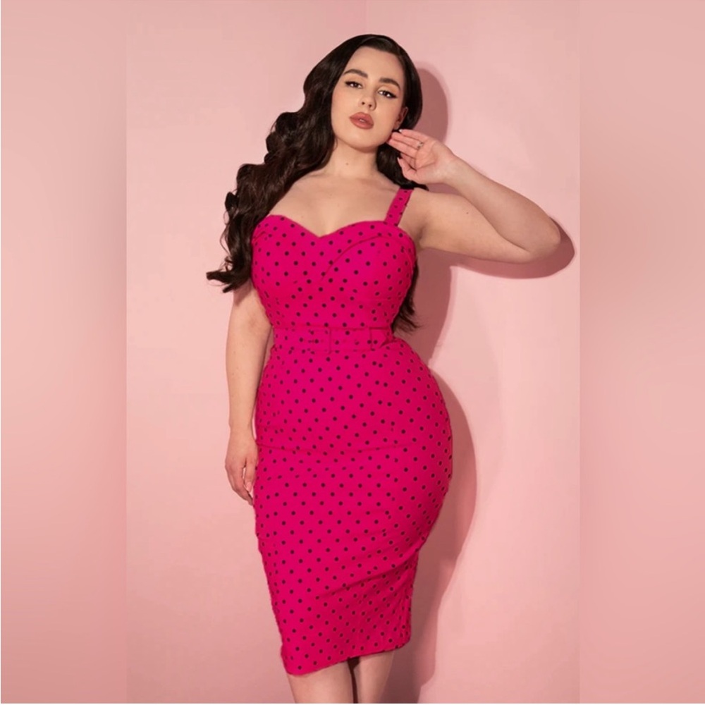 Vixen by Micheline Pitt Maneater Wiggle Dress in Pink with Black Polka Dots